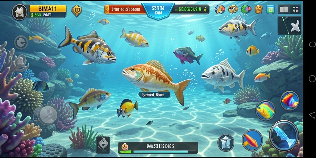Gameplay BIMA11 yang seru menembak ikan di bawah laut.