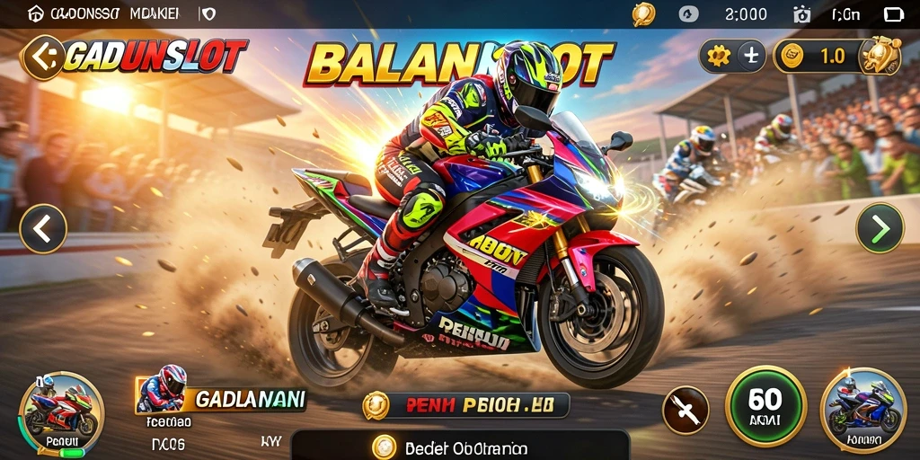 Screenshot gameplay GADUNSLOT menampilkan balapan motor yang menegangkan.