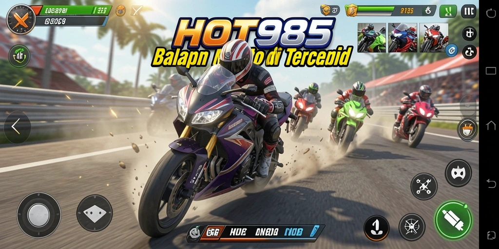 Screenshot gameplay HOT985 menampilkan aksi balapan mendebarkan.