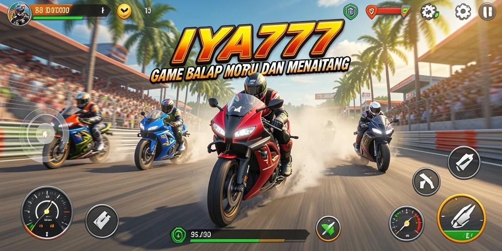 Tangkapan layar IYA777 menampilkan balapan motor yang intens dan seru.