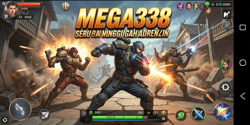 Screenshot MEGA338 menampilkan aksi pertarungan seru dengan karakter unik.